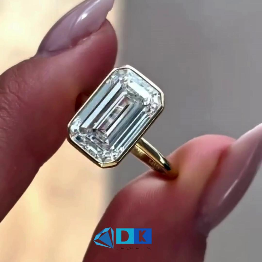 5 CT Emerald Cut Lab Grown Diamond Engagement Ring 14K Gold Bezel Set ...