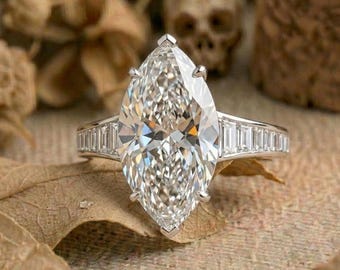 4CT Elongated Marquise Cut Lab Grown Diamond Ring, Channel Set Baguette Engagement Ring,  Six Claw Prong Marquise Diamond Proposal Ring gift