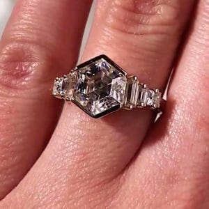 Unique hexagon Cut Moissanite Modern Engagement Ring, 14k Gold Baguette Cut Side Stone Bezel Set Ring for Women Anniversary Gift For woman