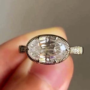 Floral Oval Cut Moissanite Engagement Ring oval step cut east west set 14K Gold Moissanite Wedding Ring gift for her, Promise Ring For Women