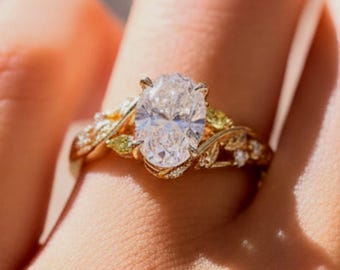 Anillo de compromiso con diamantes cultivados en laboratorio de corte ovalado en oro, anillo de bodas con diamantes certificado de inspiración floral natural, anillo de promesa de estilo vintage, regalo para ella