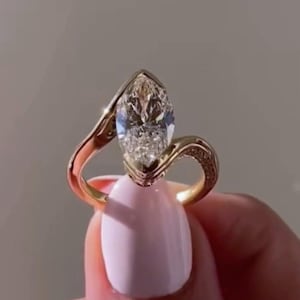 Marquise Moissanite Bypass Engagement Ring 14K Gold Bypass Twist Band Pavé Accents Ring half bezel Wedding Ring Unique Modern Statement Ring