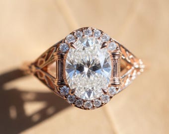 Anillo vintage de filigrana con diamantes cultivados en laboratorio, anillo de compromiso con diamantes ovalados con certificación IGI Art Deco, anillo de bodas artesanal, regalo de aniversario de oro.