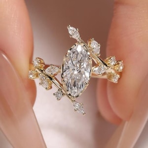 Marquise Cut Moissanite Engagement Ring 14K Gold Leaf Branch Nature Inspire bypass Wedding Ring Artdeco Floral Ring Anniversary Gift for her