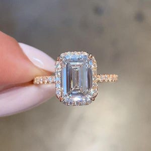 Emerald Cut Diamond Halo Engagement Ring in 14k Gold | Emerald cut diamond engagement ring, IGI certified Vintage diamond ring gift for her