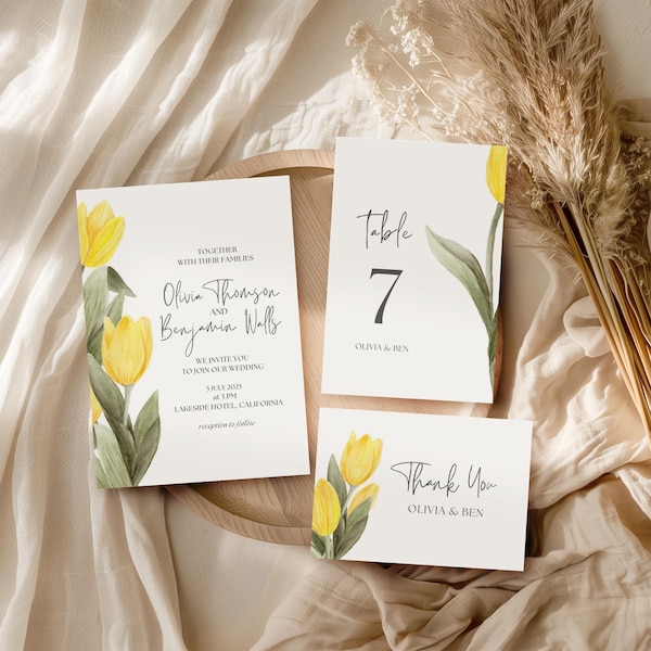 Modelli di invito di nozze con tulipani gialli acquerellati: set Canva modificabile (download PDF)