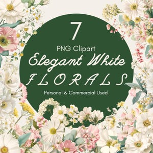Elegante weiße Blumenarrangement Clipart | 7 PNG hochauflösende botanische Grafiken | Perfekt für Karten, Einladungen, DIY-Projekte