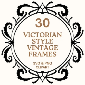 Puede incluir: Un diseño circular ornamental en blanco y negro con el texto "30 Victorian Style Vintage Frames" en marrón. Las palabras "SVG & PNG Clipart" están debajo.