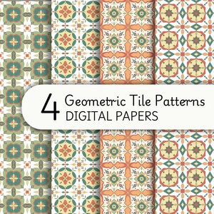 May include: Four digital paper patterns featuring geometric tile designs in shades of green, orange, yellow, and white.