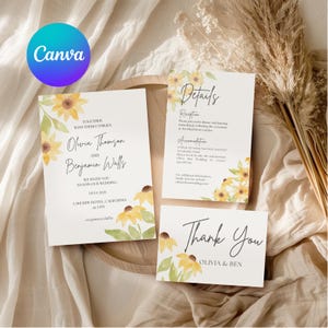 Pode incluir: Conjunto de papelaria de casamento com girassóis em aquarela. O convite, o cartão de detalhes e o cartão de agradecimento têm um fundo creme e detalhes florais. O texto inclui nomes, datas e detalhes do evento.