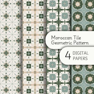 Vintage Marokkaans geïnspireerd groen tegelpatroon | 4 digitale papers | Direct downloaden voor verpakking, kaarten en andere doe-het-zelfprojecten | Jpeg-bestand 12 x 12"