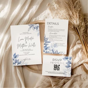 Faire-part de mariage bleu royal feuille d'aquarelle | Modèle de toile modifiable | Ensemble d'invitation botanique minimaliste moderne