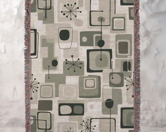 Mid-Century Modern Woven Throw Blanket: Atomic Age Retro Design Throw, Jacquard Tapestry with Fringed Edges