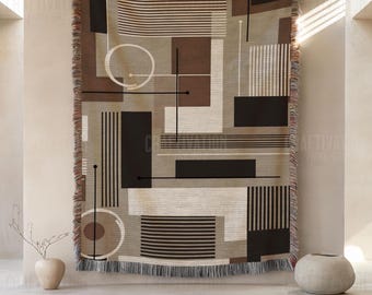 Art Deco Woven Throw Blanket: Abstract Design Throw, Jacquard Tapestry with Fringed Edges