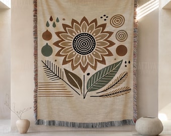 Boho Sunflower Woven Throw Blanket: Abstract Bohemian Chic Throw, Jacquard Tapestry with Fringed Edges