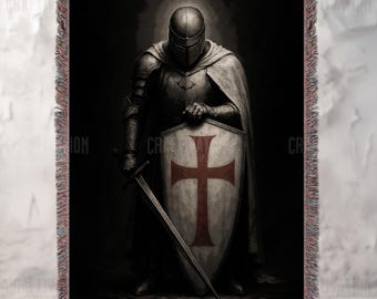 Templar Knight Woven Blanket: Medieval Christian Design Throw, Jacquard Tapestry with Fringed Edges