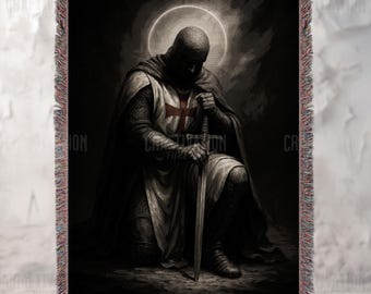 Templar Knight Woven Blanket: Medieval Christian Design Throw, Jacquard Tapestry with Fringed Edges