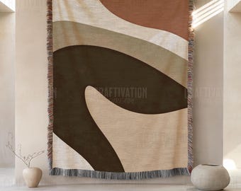 Mid-Century Modern Woven Throw Blanket: Minimalist Abstract Design Throw, Jacquard Tapestry with Fringed Edges