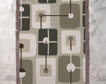Mid-Century Modern Woven Throw Blanket: Atomic Age Retro Design Throw, Jacquard Tapestry with Fringed Edges