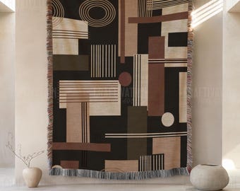 Art Deco Woven Throw Blanket: Abstract Design Throw, Jacquard Tapestry with Fringed Edges