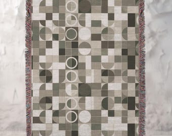 Mid-Century Modern Woven Throw Blanket: Bauhaus Style Geometric Throw, Jacquard Tapestry with Fringed Edges