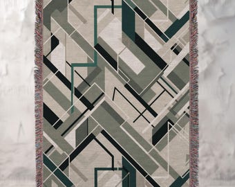 Mid-Century Modern Woven Throw Blanket: Retro Industrial Throw, Jacquard Tapestry with Fringed Edges