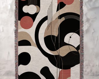 Contemporary Art Woven Throw Blanket: Japandi Style Throw, Jacquard Tapestry with Fringed Edges