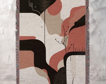 Contemporary Art Woven Throw Blanket: Japandi Style Throw, Jacquard Tapestry with Fringed Edges
