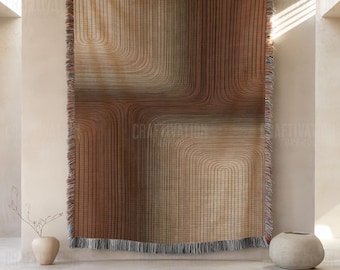Mid-Century Modern Woven Throw Blanket: Abstract Design Throw, Jacquard Tapestry with Fringed Edges