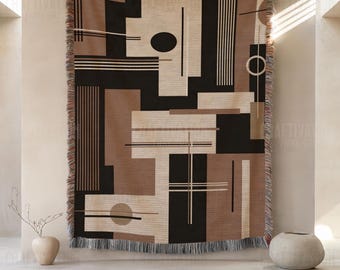 Art Deco Woven Throw Blanket: Abstract Design Throw, Jacquard Tapestry with Fringed Edges