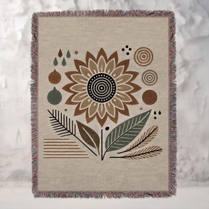 Boho Sunflower Woven Blanket, Bohemian Chic Throw, Minimalist Wall Decor, Contemporary Textile Art, Woven Tapestry Wall Hanging
