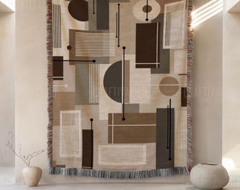 Art Deco Woven Throw Blanket: Abstract Design Throw, Jacquard Tapestry with Fringed Edges
