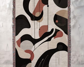 Contemporary Art Woven Throw Blanket: Japandi Style Throw, Jacquard Tapestry with Fringed Edges
