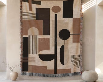Art Deco Woven Throw Blanket: Abstract Design Throw, Jacquard Tapestry with Fringed Edges