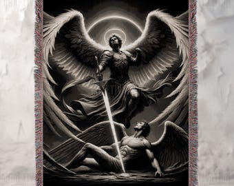 Archangel Michael Woven Blanket: Biblical Christian Design Throw, Jacquard Tapestry with Fringed Edges