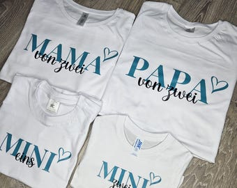 Matching T-shirts for the whole family, mom and dad, personalized set for one, two, or three children – a perfect gift for a birth or Mother's Day.