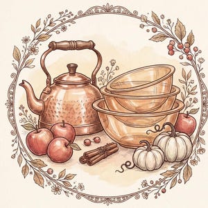 Könnte beinhalten: Ein Kupferkessel, ein Stapel Glasschüsseln, rote Äpfel, weiße Kürbisse und Zimtstangen in zwei verschiedenen Illustrationen, eine davon von einem botanischen Kranz umrahmt und die andere als freistehende saisonale Komposition dargestellt.