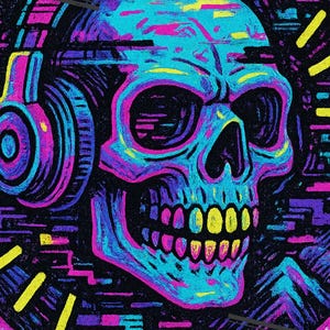 Skull with Headphones PNG, Neon Graffiti Art, Street Style T-Shirt Design, Sublimation PNG, Transparent Background, Digital Download