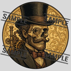 Viktorianischer Gentleman Schädel PNG - Monokel, Zylinder und Steampunk-Zahnräder, Round Art Design
