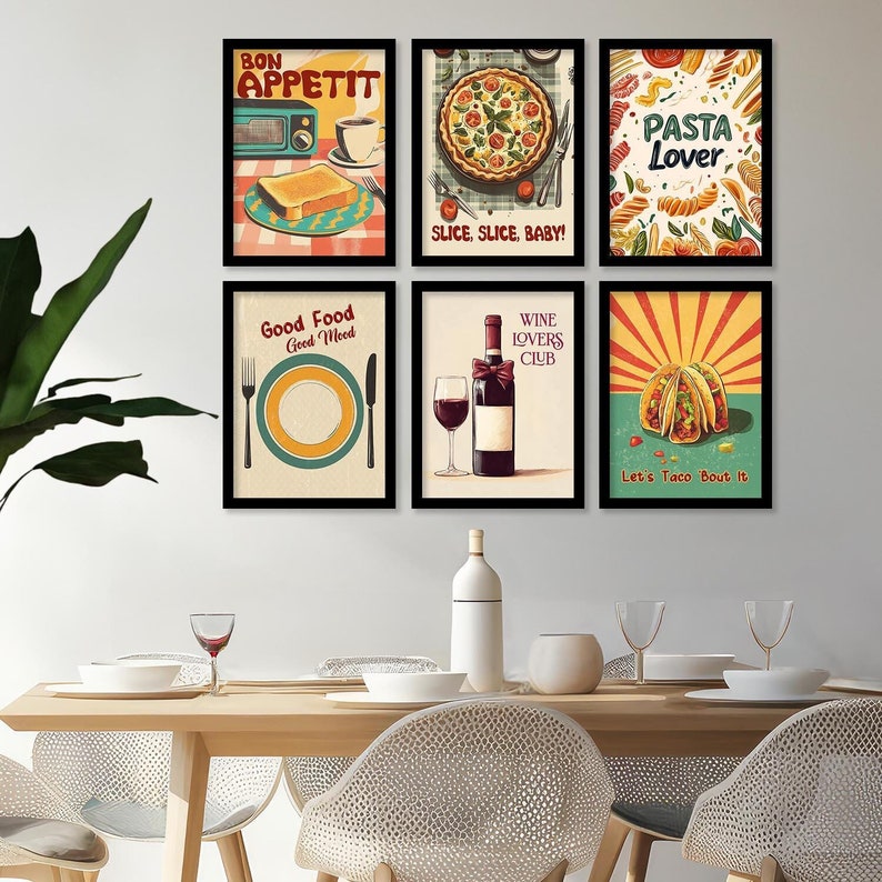 Retro Kitchen Wall Art Decor Set - Kitchen Modern Art Food & Wine ...