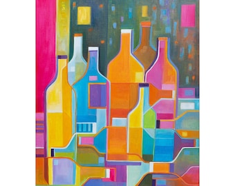 Wine Cellar, Modernism Cubist original oil painting, Abstract artwork, still life Wine bottles, Marlina Vera Cubism Fauve Cubiste vin vino