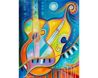 Abstract Expressionism Painting, Original artwork, Marlina Vera Art, Jazz Music, guitar cello piano, musical instruments Expressionist 24x18