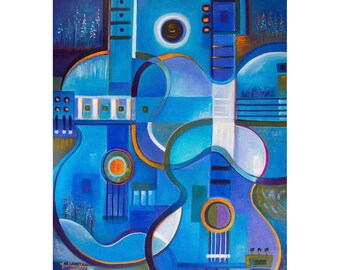 Contemporary painting Modern art, Blue Guitars Marlina Vera Artwork, Guitarra azul, Modernism Abstract Solo Guitar Musical Instrument s