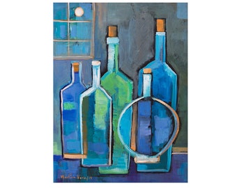 Cubist Abstract painting, Marlina Vera, Modern Expressionism, Wine bottles, Wine wall art, Cubism modernism, blue green wine bottles