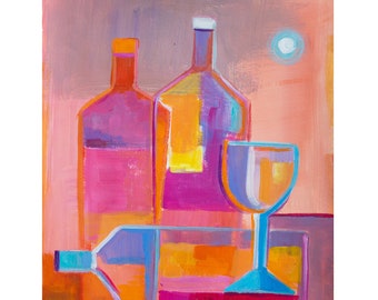 Abstract Expressionism painting, Original Painting, Marlina Vera Art, Modern cubist art, Abstract Wine bottles, Cubism  modernist still life