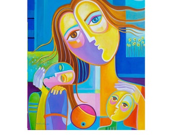 Mother #16 original painting on canvas, Mother and Child, Cubism art, Marlina Vera Figurative, Picasso style, Modernism Cubist artwork Fauve