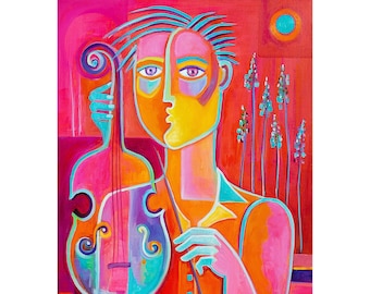 Man With Violin, Original Oil painting, Modern Cubist Art, Marlina Vera,Picasso Style Expressionism Artwork Musician, Cubism Fauve Violinist