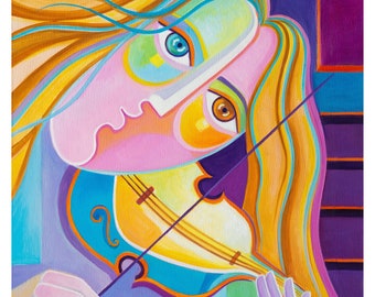 Cubism original oil Painting Woman wit Violin, Modern Violinist, Marlina Vera Fine Art, Picasso Style, Musician Cubist Contemporary Fauvism