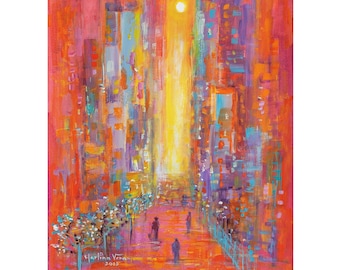 Impressionism Original Painting on paper, Abstract Modern art Marlina Vera artwork Street Sunset City cityscape, Expressionism Modernism NYC