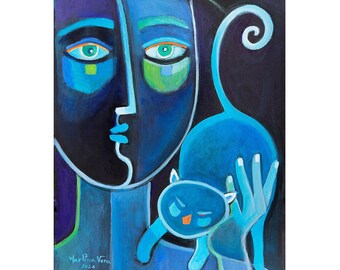 Man with Blue Cat, Original Cubist painting, Marlina Vera, Figurative Picasso Style Expressionism, Modern Cat Lover Cubism Fauvism Modernism